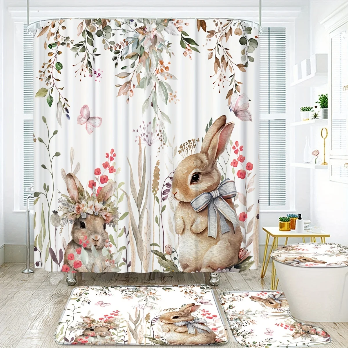 4pcs Cute Rabbit Easter Patter - Bamboo Bath Mat 评论和价格